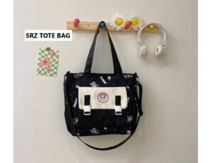 SRZ Cute Korean Style Tote Bag, Multi-functional One Shoulder Cross body Tuition Bag, Study Bag With Small Teddy Bear As a Prop Detachable Strap ( BLACK MIX DESIGNS )