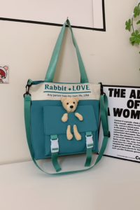 SRZ Cute Korean Style Tote Bag, Multi-functional One Shoulder Cross body Tuition Bag, Study Bag With Small Teddy Bear As a Prop Detachable Strap