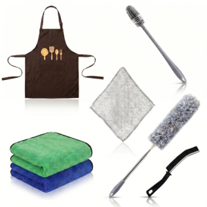 SRZ Kitchen Essentials Premium Kitchen Apron, Microfiber Cleaning Clothes, Fan Brush, Crevice Brush, Bottle Brush (APRON+CLOTH+BRUSH+DUSTER)